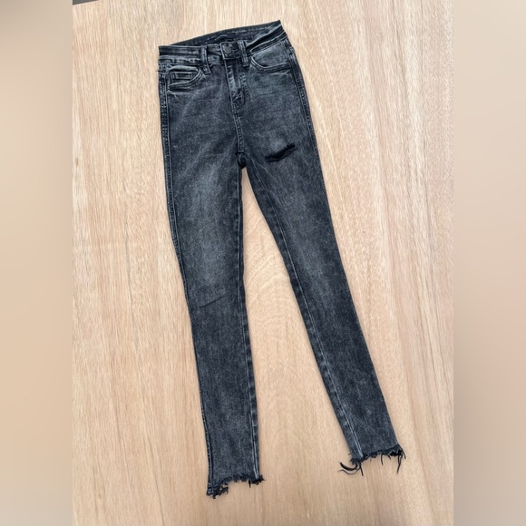 Flying Monkey Denim - Flying Monkey Distressed Charcoal High Rise Raw Hem Skinny Jeans 22 Mobwife Badd